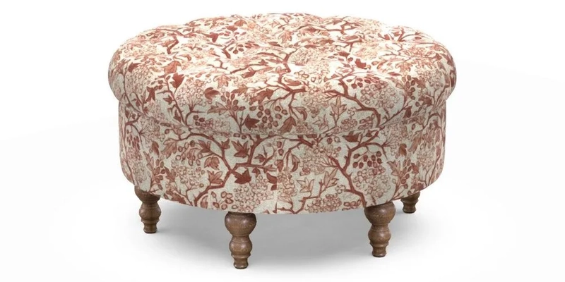 Burford Footstool in V&A Threads of India Opulent Velvets Lahore Dynasty Flame with fringe in Sophie Bullion Fringe Currant