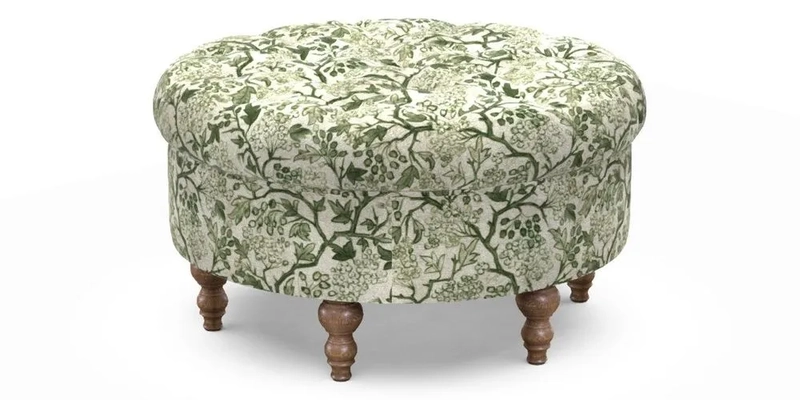 Burford Footstool in V&A Threads of India Opulent Velvets Lahore Dynasty Flame with fringe in Sophie Bullion Fringe Currant