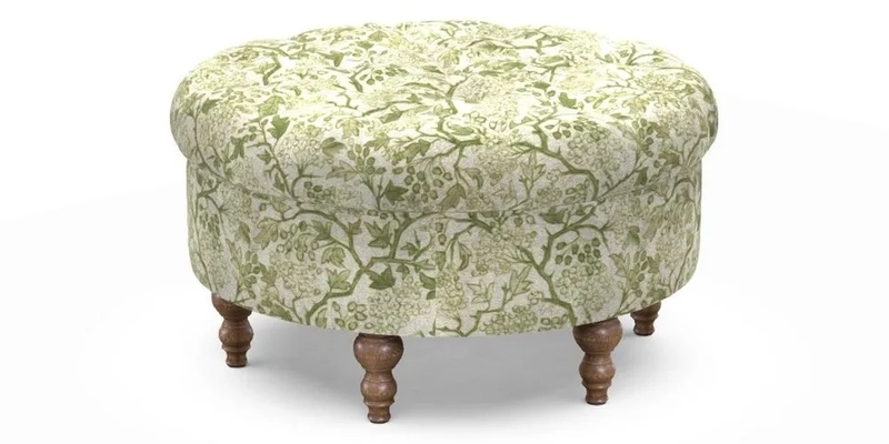 Burford Footstool in V&A Threads of India Opulent Velvets Lahore Dynasty Flame with fringe in Sophie Bullion Fringe Currant