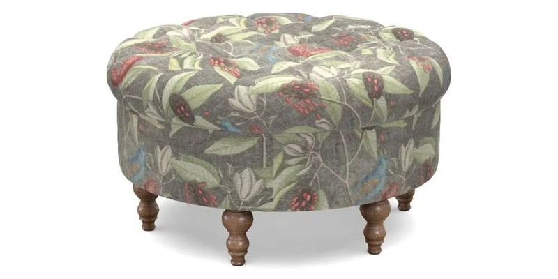 Burford Footstool in V&A Threads of India Opulent Velvets Lahore Dynasty Flame with fringe in Sophie Bullion Fringe Currant