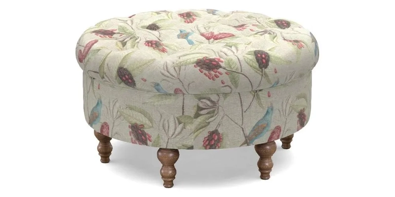 Burford Footstool in V&A Threads of India Opulent Velvets Lahore Dynasty Flame with fringe in Sophie Bullion Fringe Currant