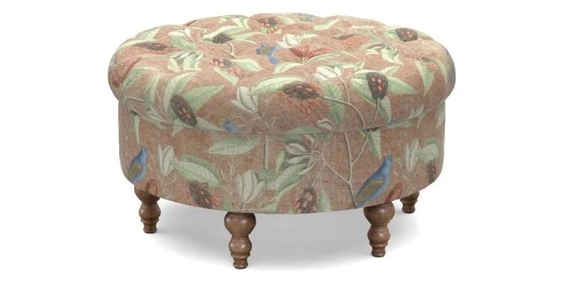 Burford Footstool in V&A Threads of India Opulent Velvets Lahore Dynasty Flame with fringe in Sophie Bullion Fringe Currant