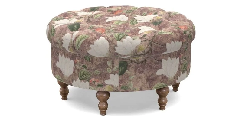 Burford Footstool in V&A Threads of India Opulent Velvets Lahore Dynasty Flame with fringe in Sophie Bullion Fringe Currant