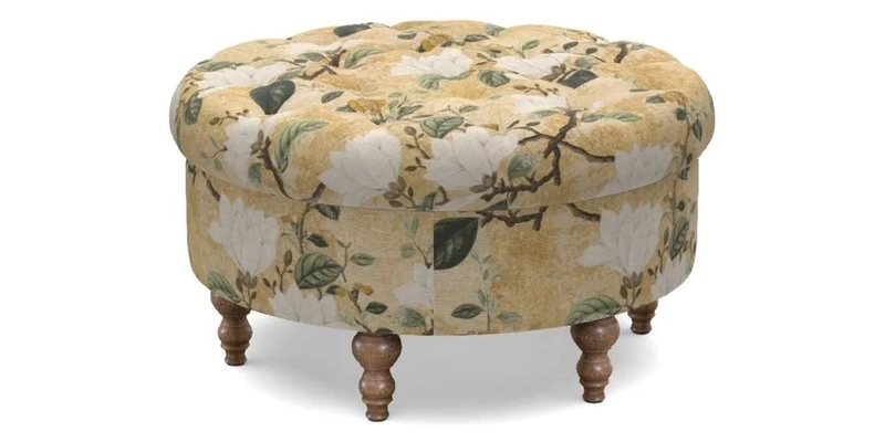 Burford Footstool in V&A Threads of India Opulent Velvets Lahore Dynasty Flame with fringe in Sophie Bullion Fringe Currant