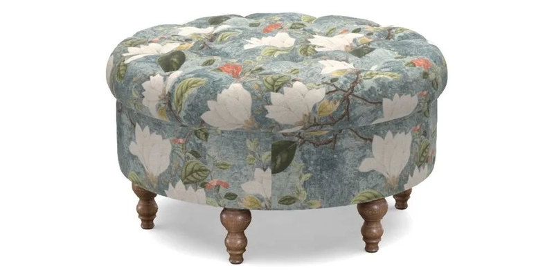 Burford Footstool in V&A Threads of India Opulent Velvets Lahore Dynasty Flame with fringe in Sophie Bullion Fringe Currant