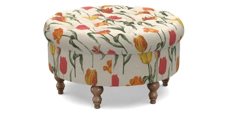 Burford Footstool in V&A Threads of India Opulent Velvets Lahore Dynasty Flame with fringe in Sophie Bullion Fringe Currant