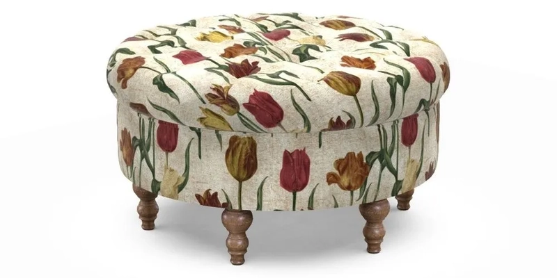 Burford Footstool in V&A Threads of India Opulent Velvets Lahore Dynasty Flame with fringe in Sophie Bullion Fringe Currant