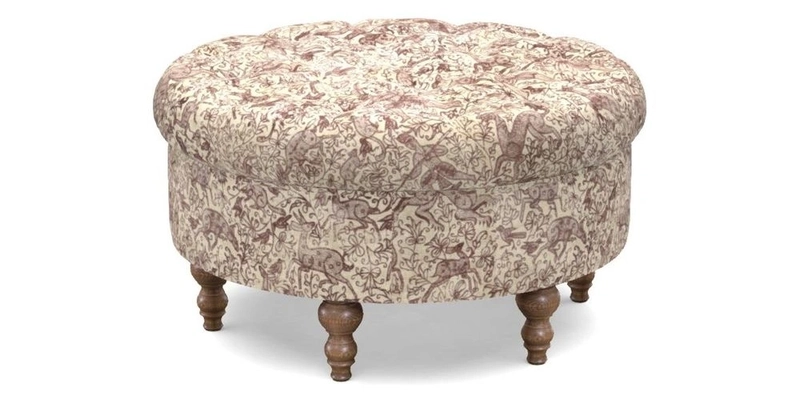 Burford Footstool in V&A Threads of India Opulent Velvets Lahore Dynasty Flame with fringe in Sophie Bullion Fringe Currant