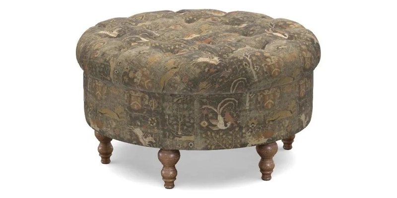 Burford Footstool in V&A Threads of India Opulent Velvets Lahore Dynasty Flame with fringe in Sophie Bullion Fringe Currant