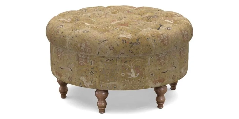 Burford Footstool in V&A Threads of India Opulent Velvets Lahore Dynasty Flame with fringe in Sophie Bullion Fringe Currant