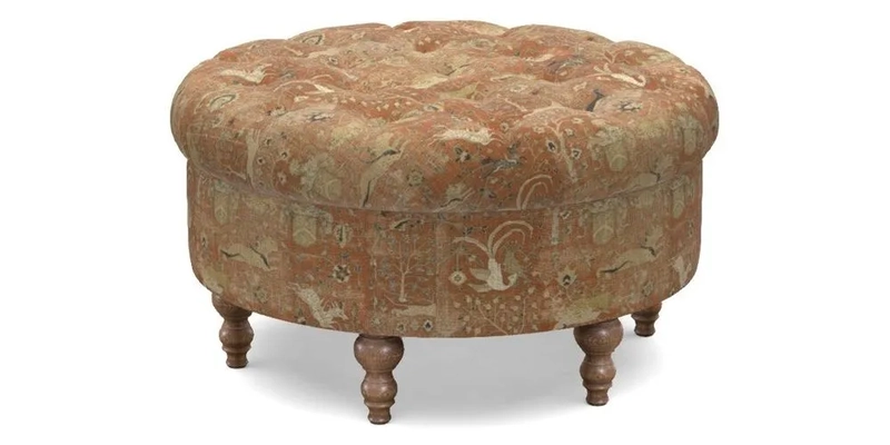 Burford Footstool in V&A Threads of India Opulent Velvets Lahore Dynasty Flame with fringe in Sophie Bullion Fringe Currant