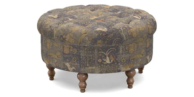 Burford Footstool in V&A Threads of India Opulent Velvets Lahore Dynasty Flame with fringe in Sophie Bullion Fringe Currant