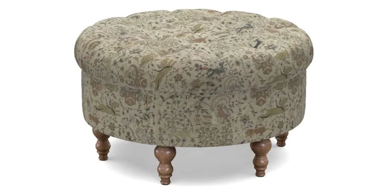 Burford Footstool in V&A Threads of India Opulent Velvets Lahore Dynasty Flame with fringe in Sophie Bullion Fringe Currant