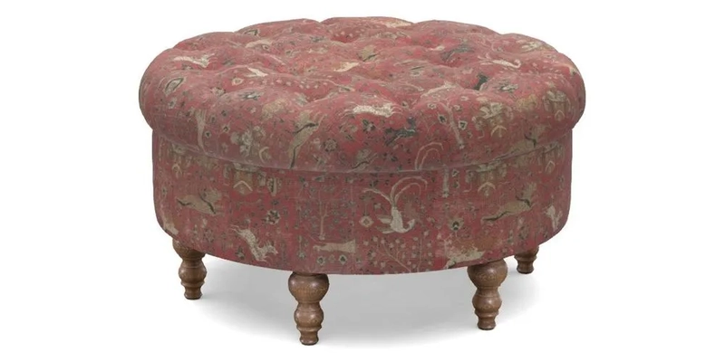 Burford Footstool in V&A Threads of India Opulent Velvets Lahore Dynasty Flame with fringe in Sophie Bullion Fringe Currant