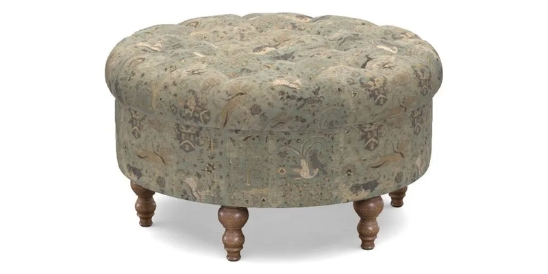 Burford Footstool in V&A Threads of India Opulent Velvets Lahore Dynasty Flame with fringe in Sophie Bullion Fringe Currant