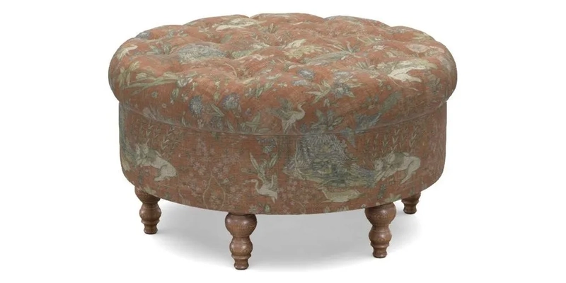 Burford Footstool in V&A Threads of India Opulent Velvets Lahore Dynasty Flame with fringe in Sophie Bullion Fringe Currant