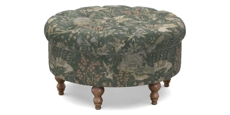 Burford Footstool in V&A Threads of India Opulent Velvets Lahore Dynasty Flame with fringe in Sophie Bullion Fringe Currant