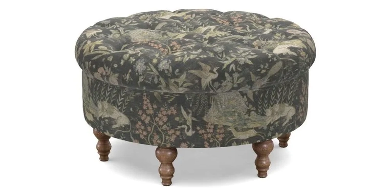 Burford Footstool in V&A Threads of India Opulent Velvets Lahore Dynasty Flame with fringe in Sophie Bullion Fringe Currant