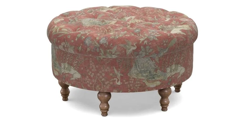 Burford Footstool in V&A Threads of India Opulent Velvets Lahore Dynasty Flame with fringe in Sophie Bullion Fringe Currant