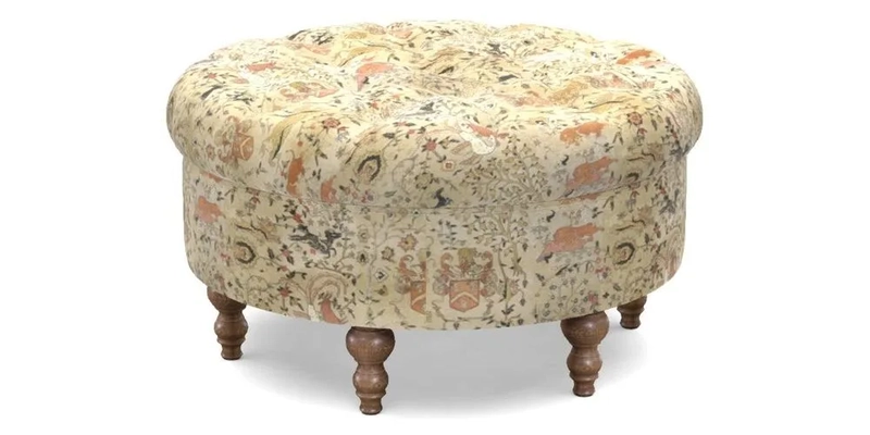 Burford Footstool in V&A Threads of India Opulent Velvets Lahore Dynasty Flame with fringe in Sophie Bullion Fringe Currant