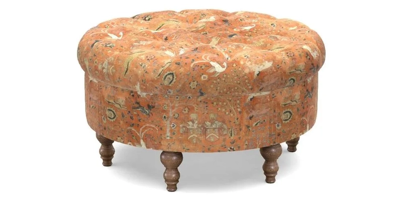 Burford Footstool in V&A Threads of India Opulent Velvets Lahore Dynasty Flame with fringe in Sophie Bullion Fringe Currant