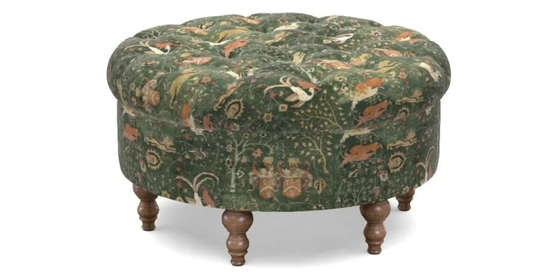 Burford Footstool in V&A Threads of India Opulent Velvets Lahore Dynasty Flame with fringe in Sophie Bullion Fringe Currant