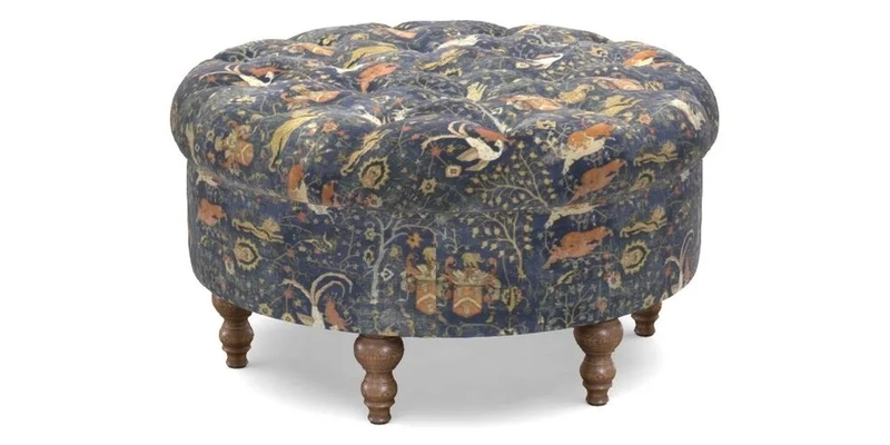 Burford Footstool in V&A Threads of India Opulent Velvets Lahore Dynasty Flame with fringe in Sophie Bullion Fringe Currant