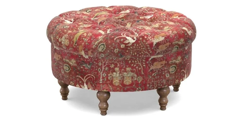Burford Footstool in V&A Threads of India Opulent Velvets Lahore Dynasty Flame with fringe in Sophie Bullion Fringe Currant