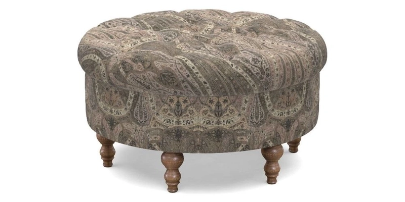 Burford Footstool in V&A Threads of India Opulent Velvets Lahore Dynasty Flame with fringe in Sophie Bullion Fringe Currant