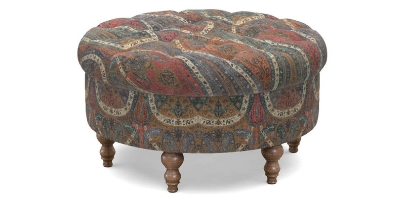 Burford Footstool in V&A Threads of India Opulent Velvets Lahore Dynasty Flame with fringe in Sophie Bullion Fringe Currant