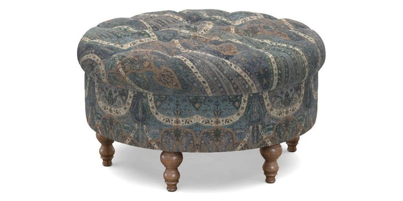 Burford Footstool in V&A Threads of India Opulent Velvets Lahore Dynasty Flame with fringe in Sophie Bullion Fringe Currant