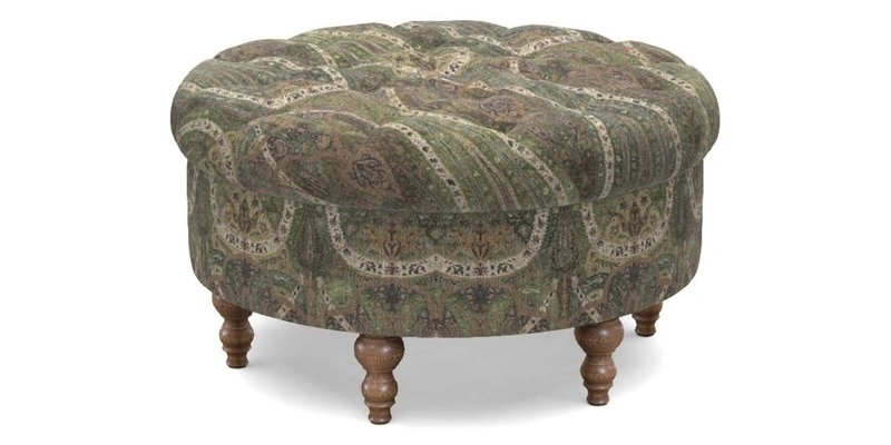 Burford Footstool in V&A Threads of India Opulent Velvets Lahore Dynasty Flame with fringe in Sophie Bullion Fringe Currant