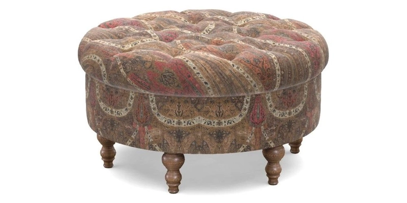Burford Footstool in V&A Threads of India Opulent Velvets Lahore Dynasty Flame with fringe in Sophie Bullion Fringe Currant