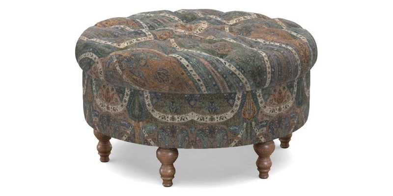 Burford Footstool in V&A Threads of India Opulent Velvets Lahore Dynasty Flame with fringe in Sophie Bullion Fringe Currant