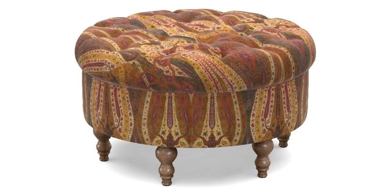 Burford Footstool in V&A Threads of India Opulent Velvets Lahore Dynasty Flame with fringe in Sophie Bullion Fringe Currant