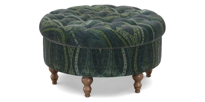 Burford Footstool in V&A Threads of India Opulent Velvets Lahore Dynasty Flame with fringe in Sophie Bullion Fringe Currant
