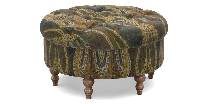 Burford Footstool in V&A Threads of India Opulent Velvets Lahore Dynasty Flame with fringe in Sophie Bullion Fringe Currant