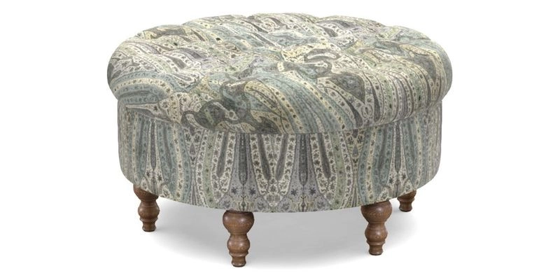 Burford Footstool in V&A Threads of India Opulent Velvets Lahore Dynasty Flame with fringe in Sophie Bullion Fringe Currant