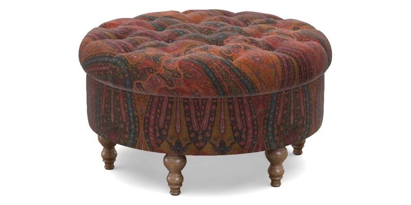 Burford Footstool in V&A Threads of India Opulent Velvets Lahore Dynasty Flame with fringe in Sophie Bullion Fringe Currant