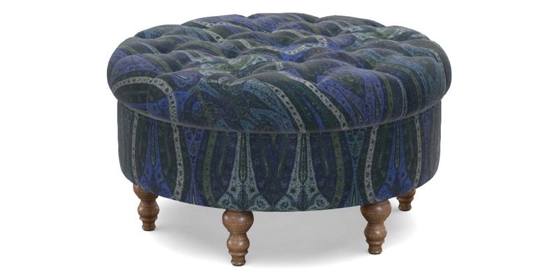 Burford Footstool in V&A Threads of India Opulent Velvets Lahore Dynasty Flame with fringe in Sophie Bullion Fringe Currant
