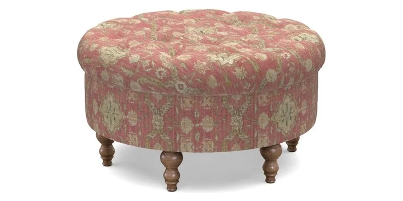 Burford Footstool in V&A Threads of India Opulent Velvets Lahore Dynasty Flame with fringe in Sophie Bullion Fringe Currant