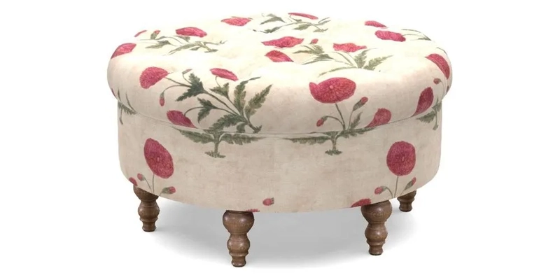 Burford Footstool in V&A Threads of India Opulent Velvets Lahore Dynasty Flame with fringe in Sophie Bullion Fringe Currant