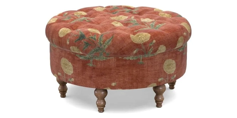 Burford Footstool in V&A Threads of India Opulent Velvets Lahore Dynasty Flame with fringe in Sophie Bullion Fringe Currant