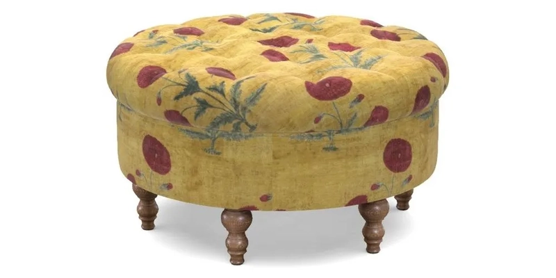 Burford Footstool in V&A Threads of India Opulent Velvets Lahore Dynasty Flame with fringe in Sophie Bullion Fringe Currant