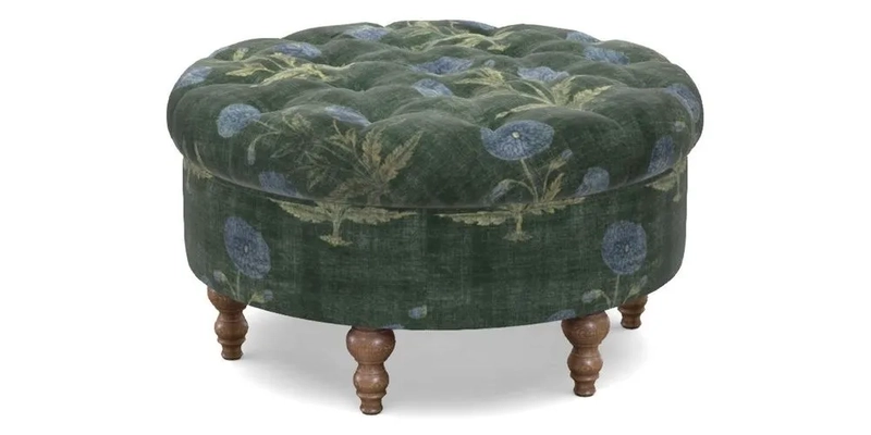 Burford Footstool in V&A Threads of India Opulent Velvets Lahore Dynasty Flame with fringe in Sophie Bullion Fringe Currant