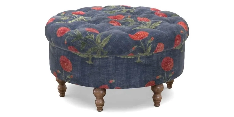Burford Footstool in V&A Threads of India Opulent Velvets Lahore Dynasty Flame with fringe in Sophie Bullion Fringe Currant
