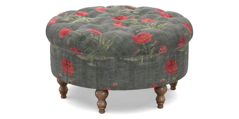 Burford Footstool in V&A Threads of India Opulent Velvets Lahore Dynasty Flame with fringe in Sophie Bullion Fringe Currant