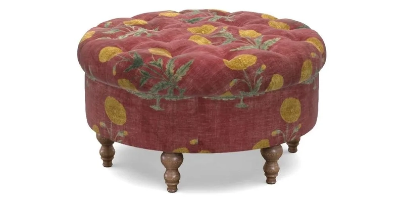 Burford Footstool in V&A Threads of India Opulent Velvets Lahore Dynasty Flame with fringe in Sophie Bullion Fringe Currant