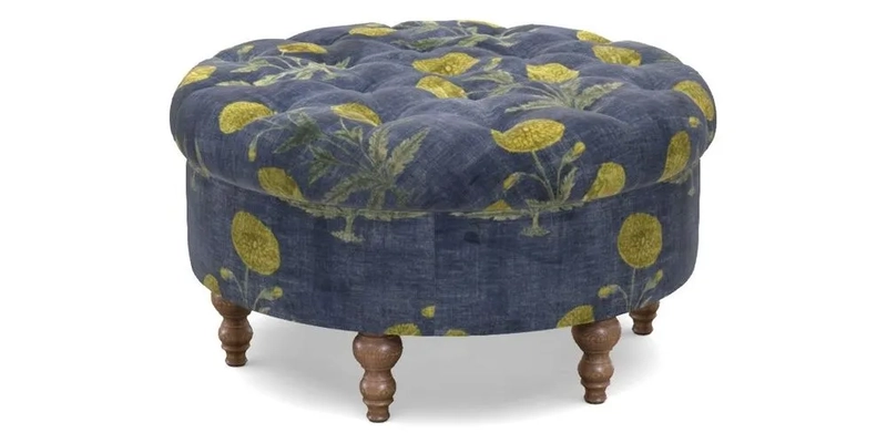 Burford Footstool in V&A Threads of India Opulent Velvets Lahore Dynasty Flame with fringe in Sophie Bullion Fringe Currant