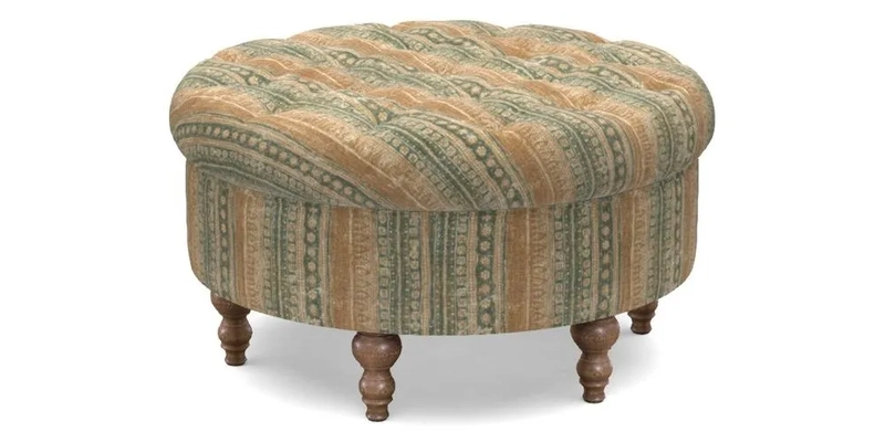 Burford Footstool in V&A Threads of India Opulent Velvets Lahore Dynasty Flame with fringe in Sophie Bullion Fringe Currant